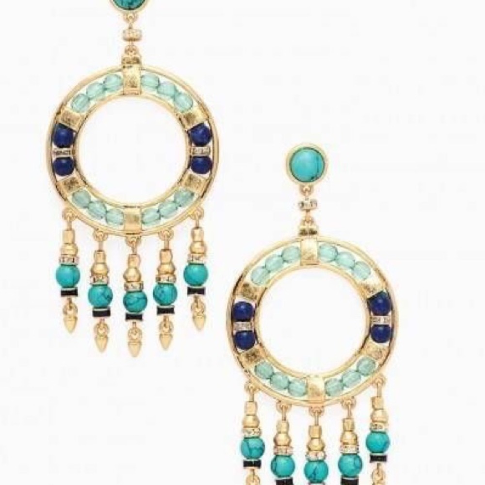 Blue and gold beaded chandelier earrings